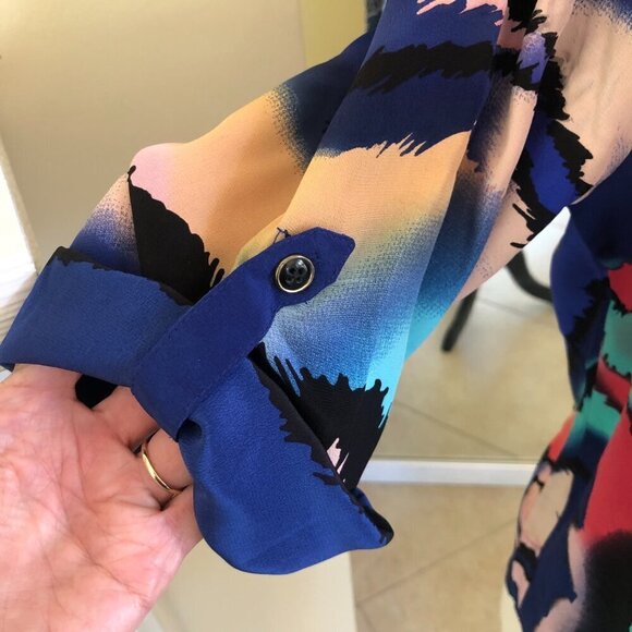 Yumi Kim Lizzie Silk Blouse Top Small Blue Abstract Watercolor Print Roomy Fit - Picture 6 of 10